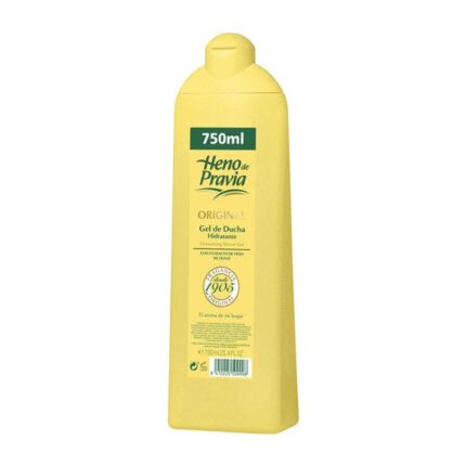 Botella verde clásica de Heno de Pravia gel de baño original para toda la familia