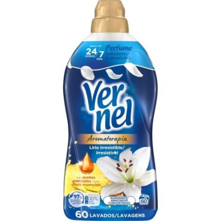 Envase de Vernel Aromaterapia Lirio 95 lavados con extractos florales y aceites esenciales.