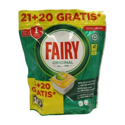 Paquete de Fairy all in one cápsulas lavavajillas 41u con tecnología de limpieza antigrasa