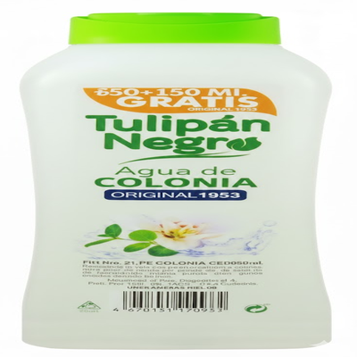 Frasco de agua de colonia Colonia Tulipan Negro Original con fragancia clásica y fresca.