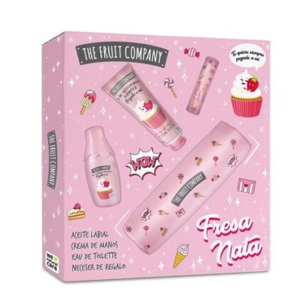 Estuche de regalo The Fruit Company aroma fresa con nata con aceite labial, crema de manos, colonia y neceser