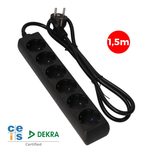 PROLONGADOR CON 6 TOMAS 2P+T, 16A 250V~ 1,5 m DE CABLE H05VV-F 3G 1,5mm², NEGRO. EDM - Imagen 1