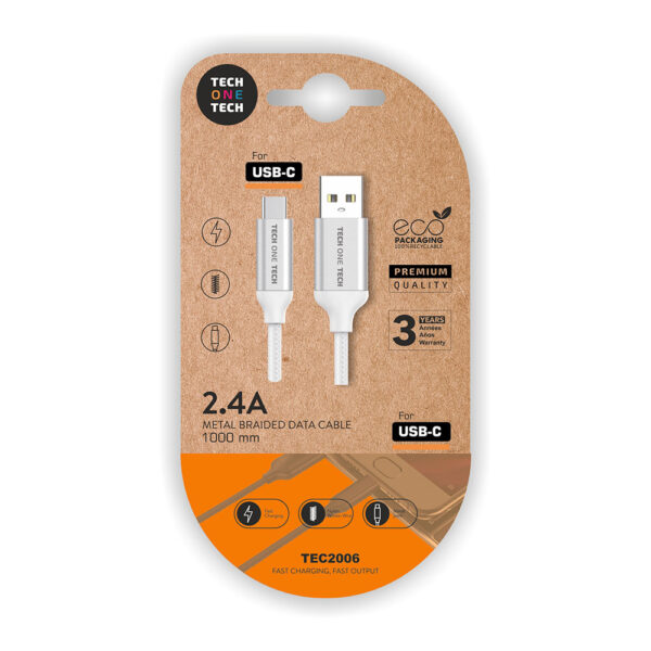 CABLE NYLON USB-A A USB-C 1m BLANCO TECH ONE TECH - Imagen 1