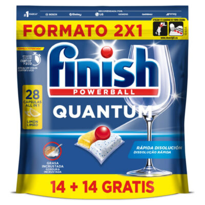Pack ahorro de Finish lavavajillas pllas quantum limon 14+14 cápsulas de triple acción