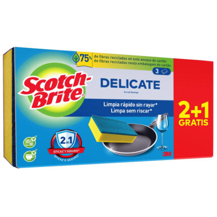 Estropajo Scotch‑Brite Delicate No Raya pack 2+1 con regalo metálico